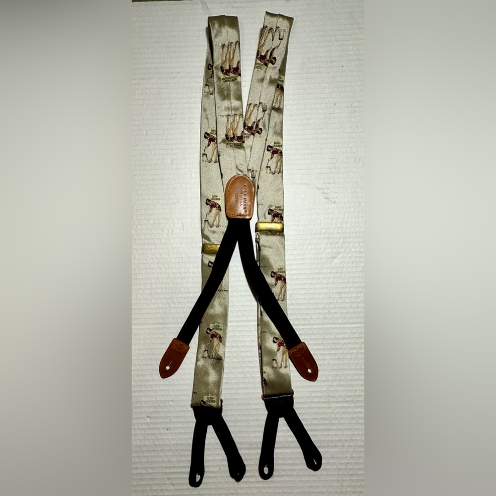 Cole Haan Suspenders Made In USA Beige Pin-up Woman Slow Curves Ahead Rare 50in. - Picture 3 of 13